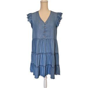 JODIFL Cotton Chambray Tiered Frayed Hem Boho Western Dress Women's Medium